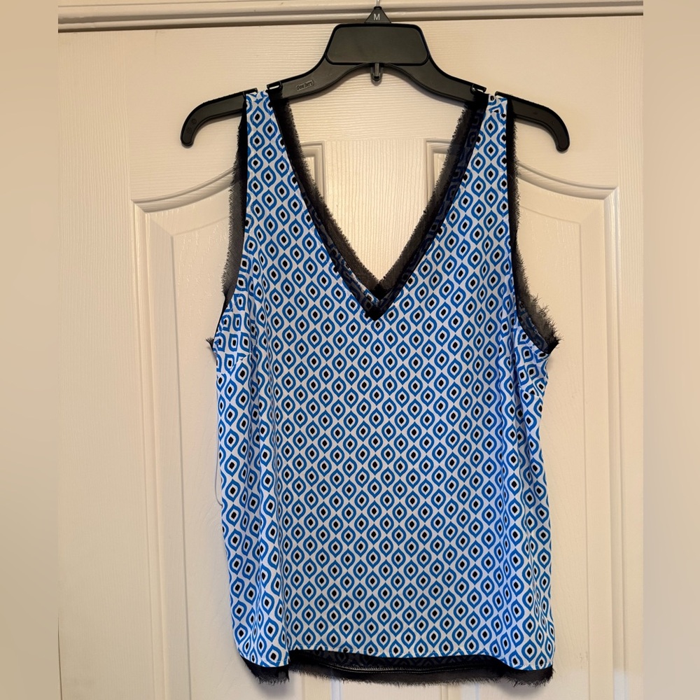 Halogen Blue Geometric Silk-Blend Camisole with Black Lace Trim